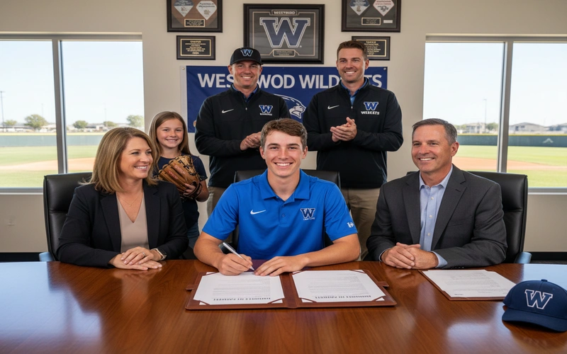 High school baseball player signing scholarship papers with family and coaches present