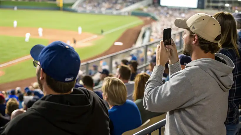 Fans at College World Series game in Omaha checking bracket updates on mobile phones