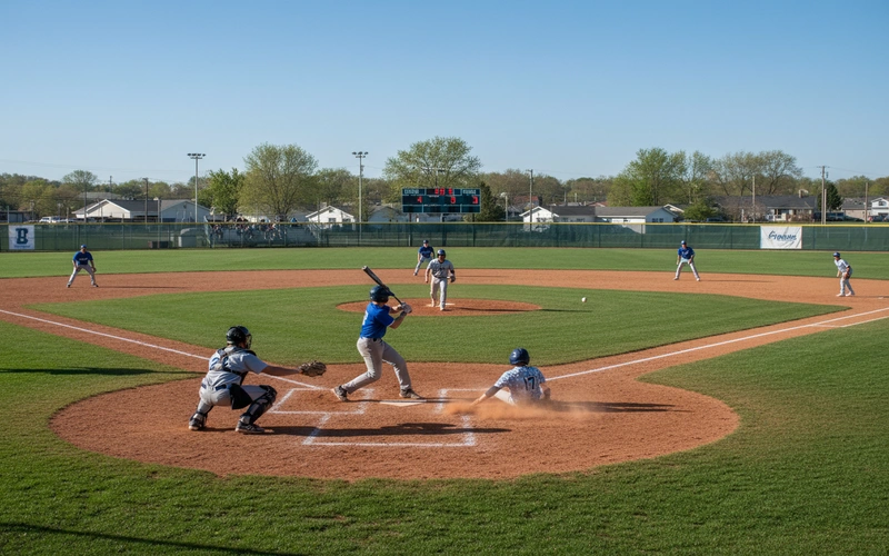 Junior college baseball game in progress with players competing on well-maintained field