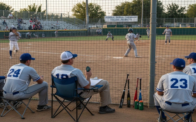 College baseball scout evaluating high school players at regional recruiting showcase event