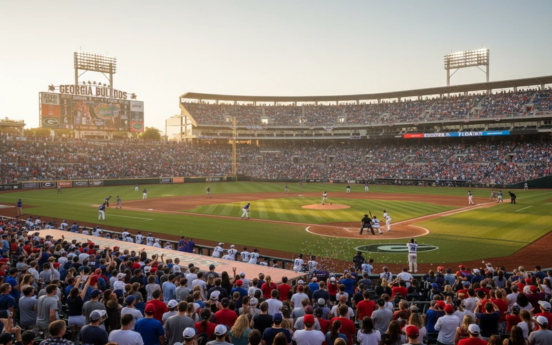 Packed SEC baseball stadium with thousands of fans during conference rivalry game