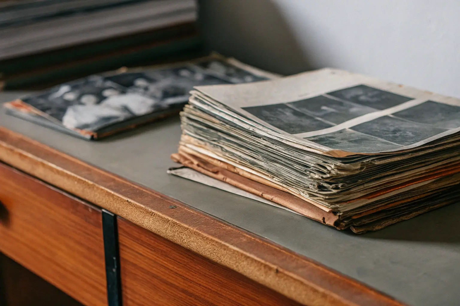 Stack of vintage baseball newspapers and magazines spread across a wooden desk